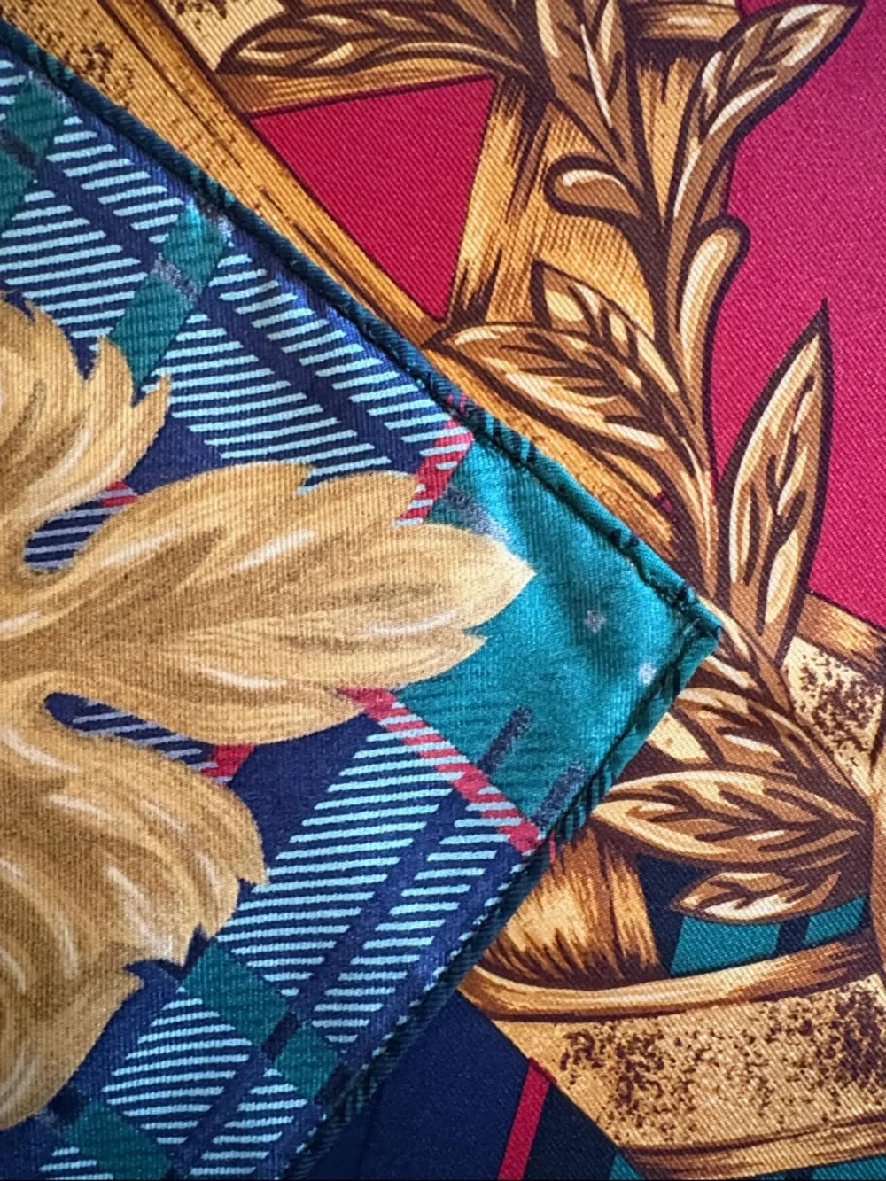 Vintage Ralph Lauren Gold and Red Double Lion Silk Scarf — Gold,NavyRed & Green